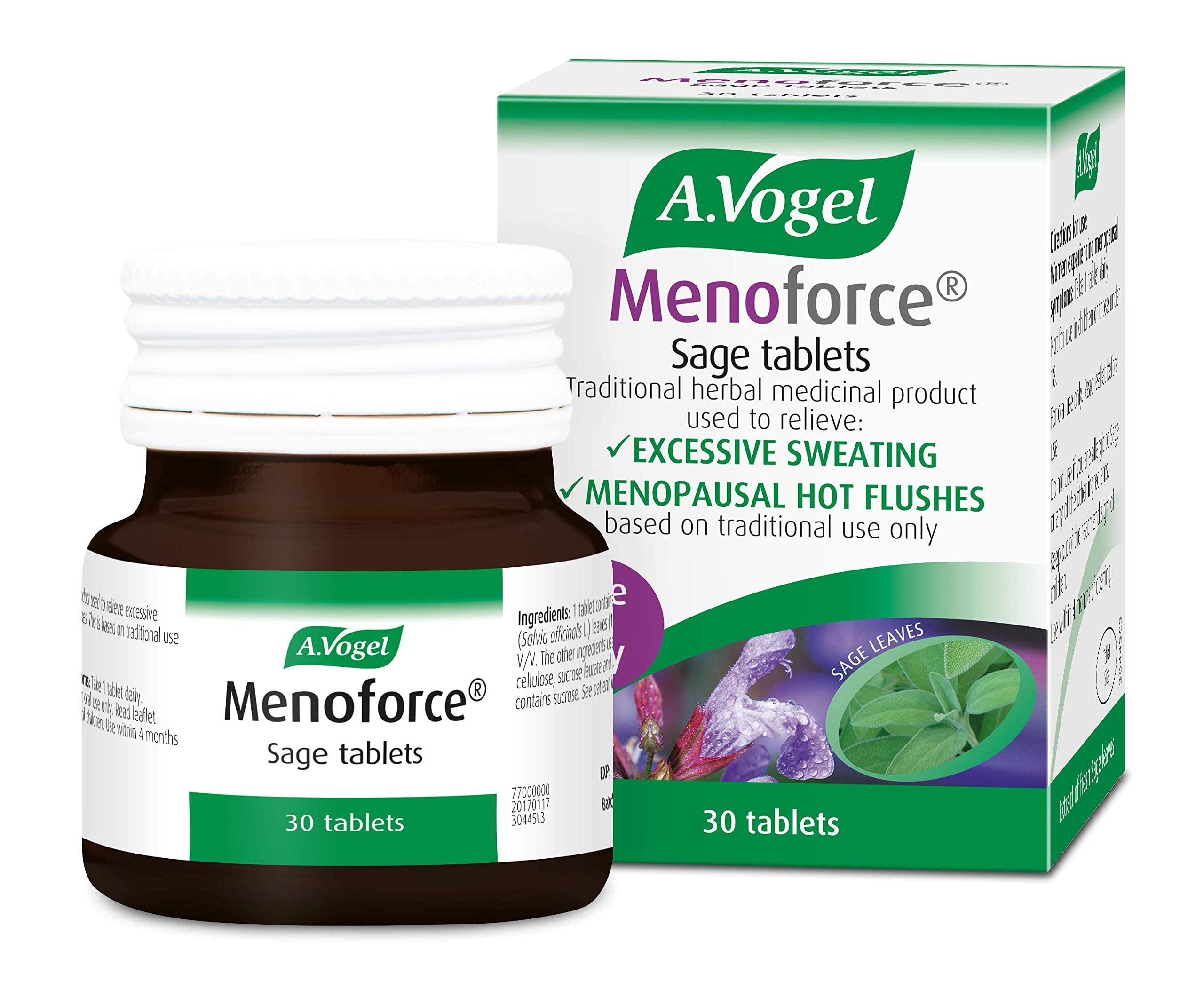A.Vogel Menoforce Sage tablets bottle front, signaling traditional herbal support for menopause symptoms.