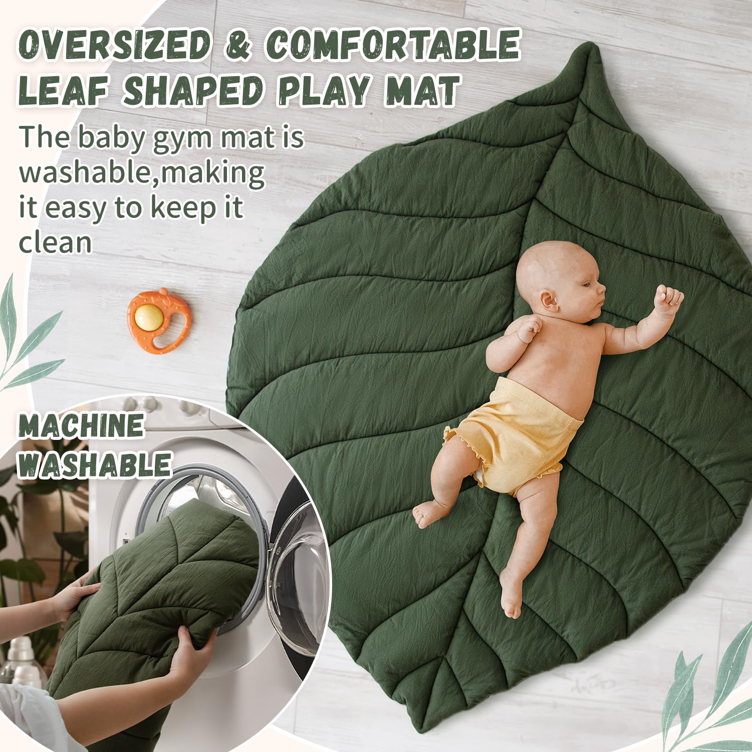 Avrsol play gym’s green color blends with decor while entertaining baby.