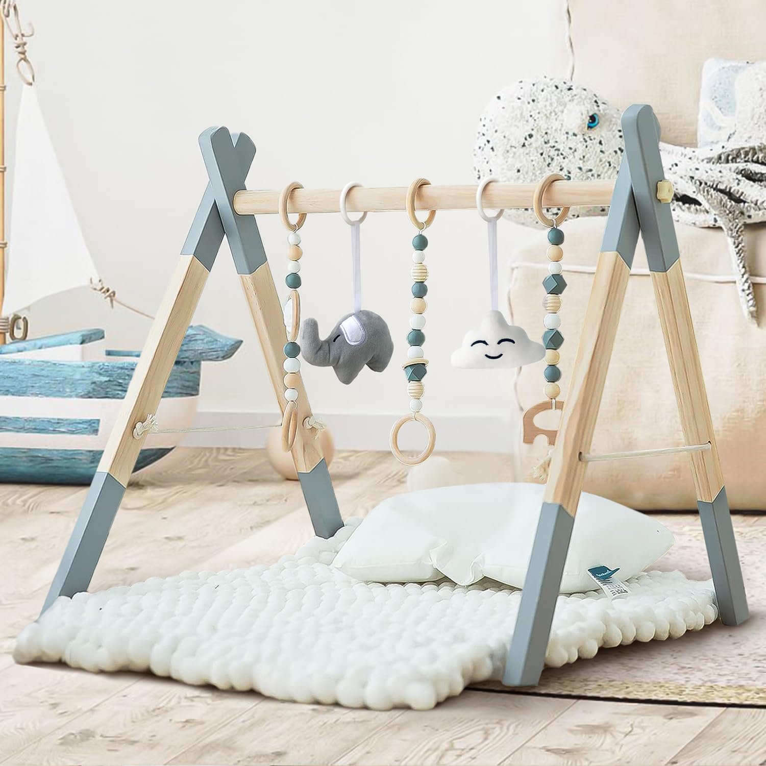 Avrsol wooden baby play gym toy closeup shows natural wood finish