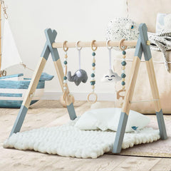 Avrsol wooden baby play gym toy closeup shows natural wood finish