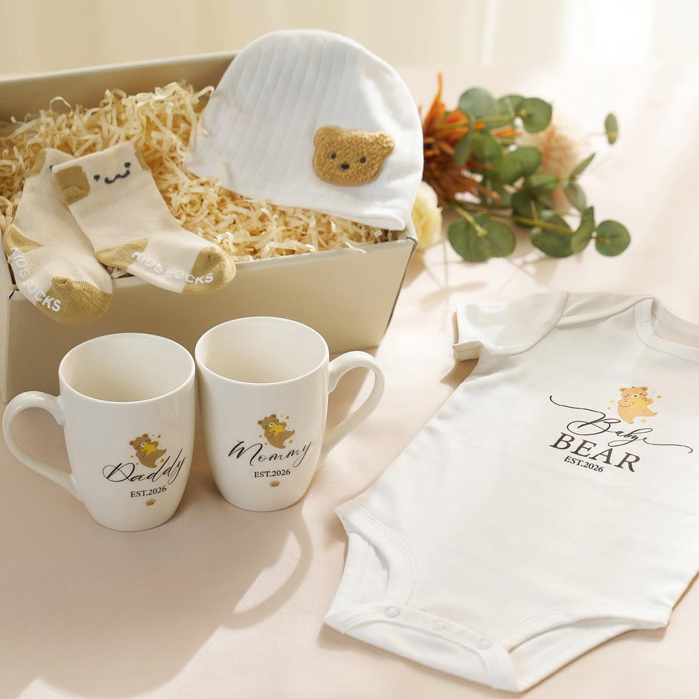 AW BRIDAL gift-ready basket close-up, elegant presentation for new parents