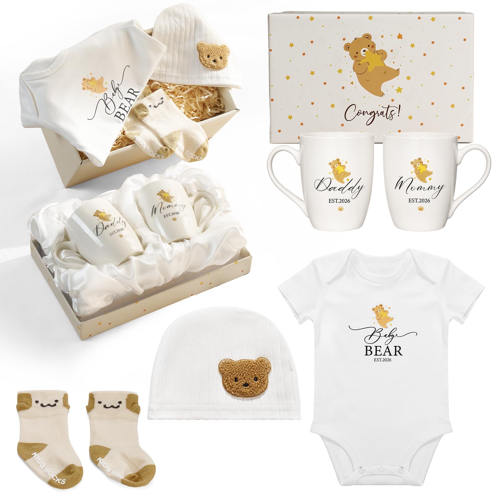 AW BRIDAL new mom gift basket with onesie and bear print, ideal for baby showers