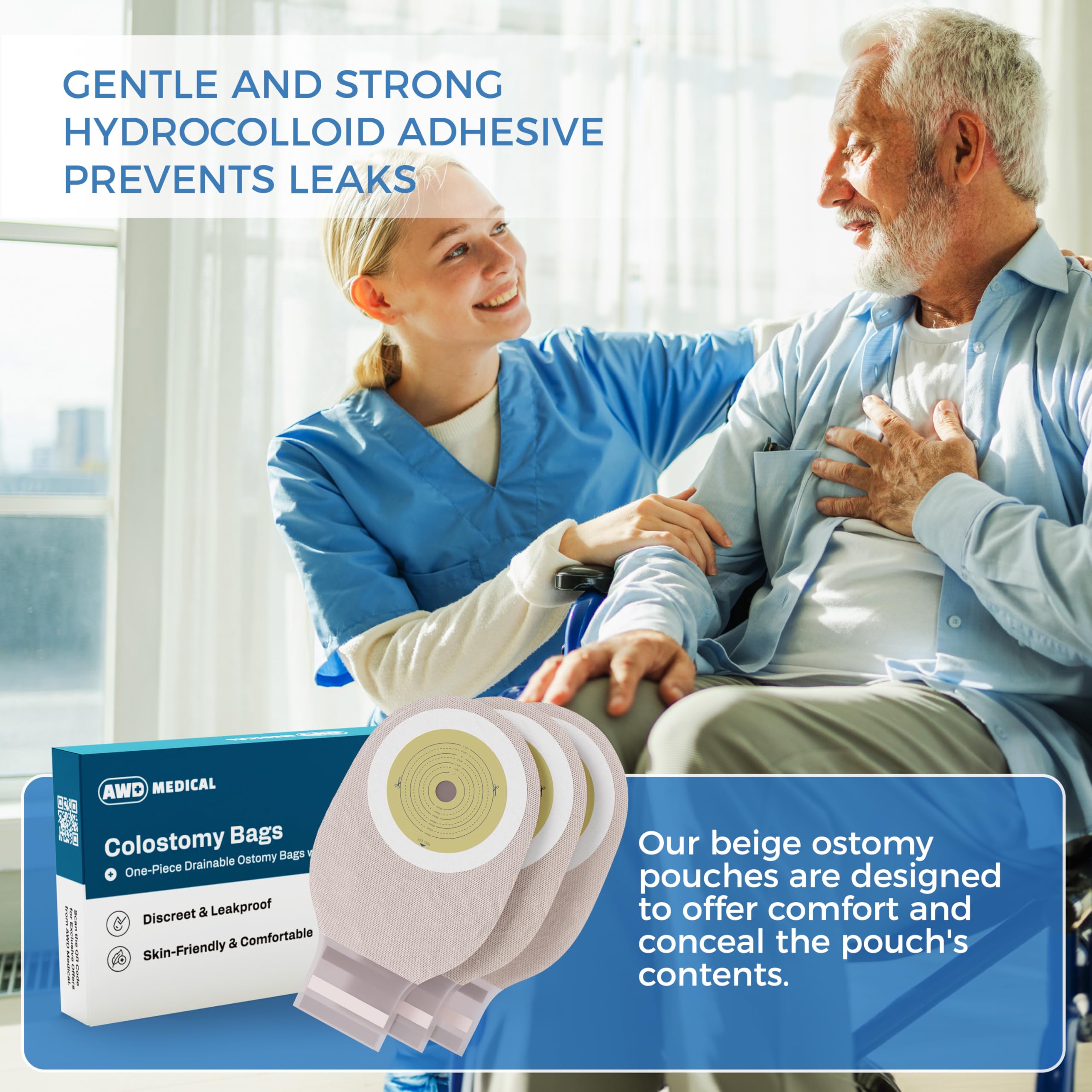 AWD Medical colostomy bag with Velcro closure to prevent leaks