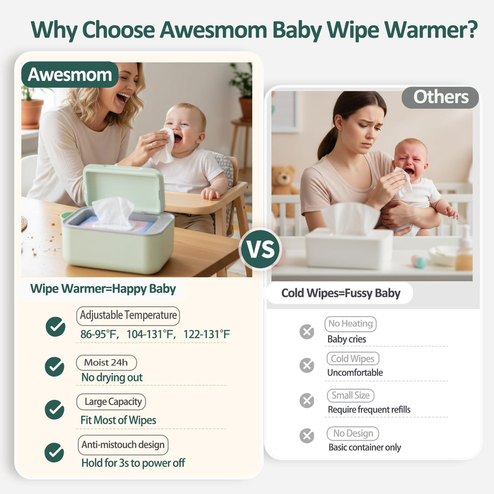 Awesmom baby wipe warmer open drawer reveals 100 wipes capacity