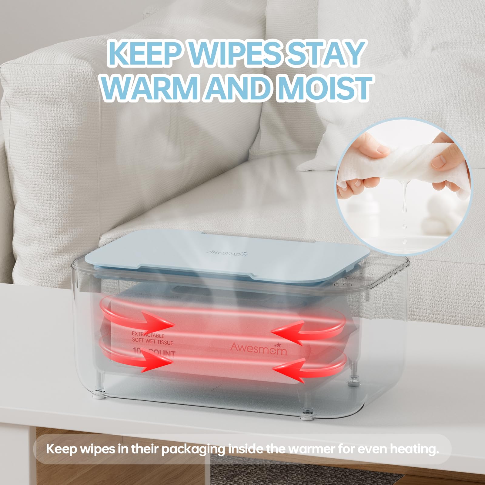 Awesmom wipe warmer ideal for night routines and travel.