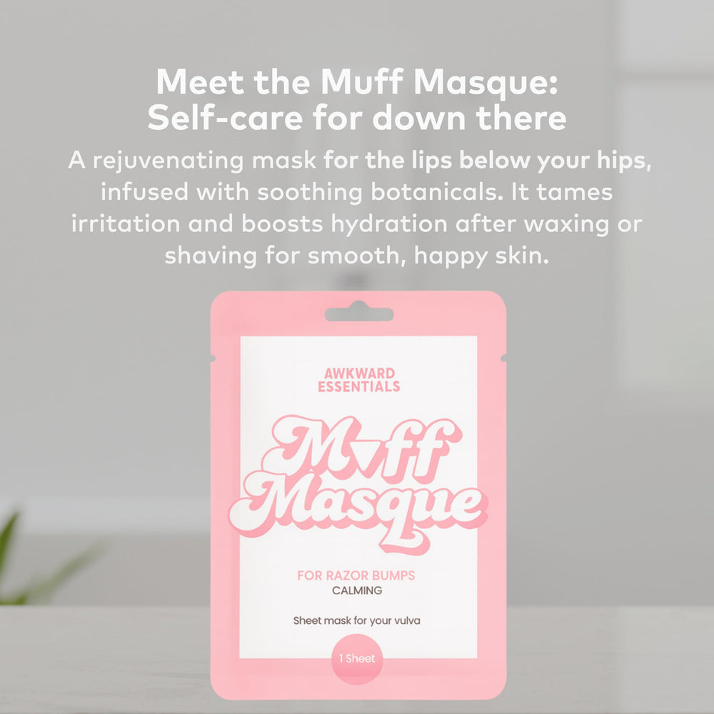 Awkward Essentials Muff Masque ready-to-apply sheet mask for post-shave comfort.