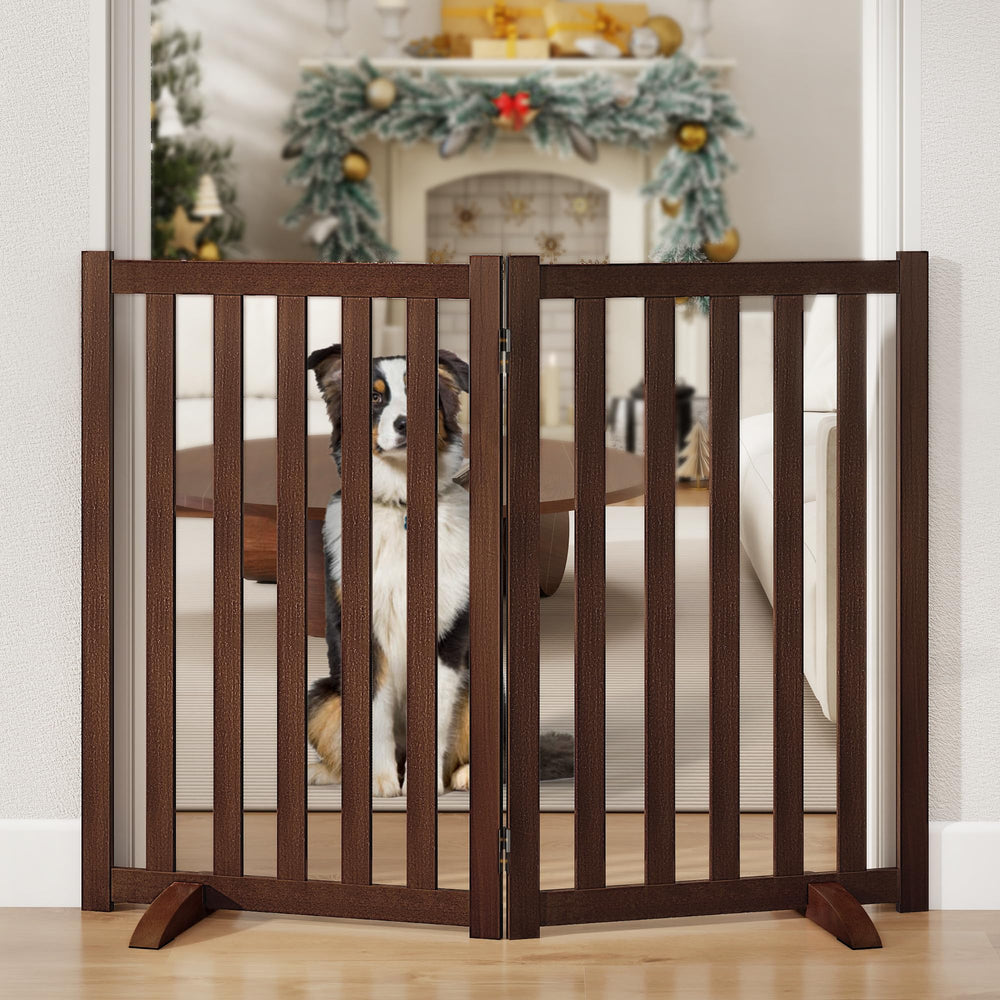 Axeman wooden pet gate with folding panel for versatile room separation and simple storage.