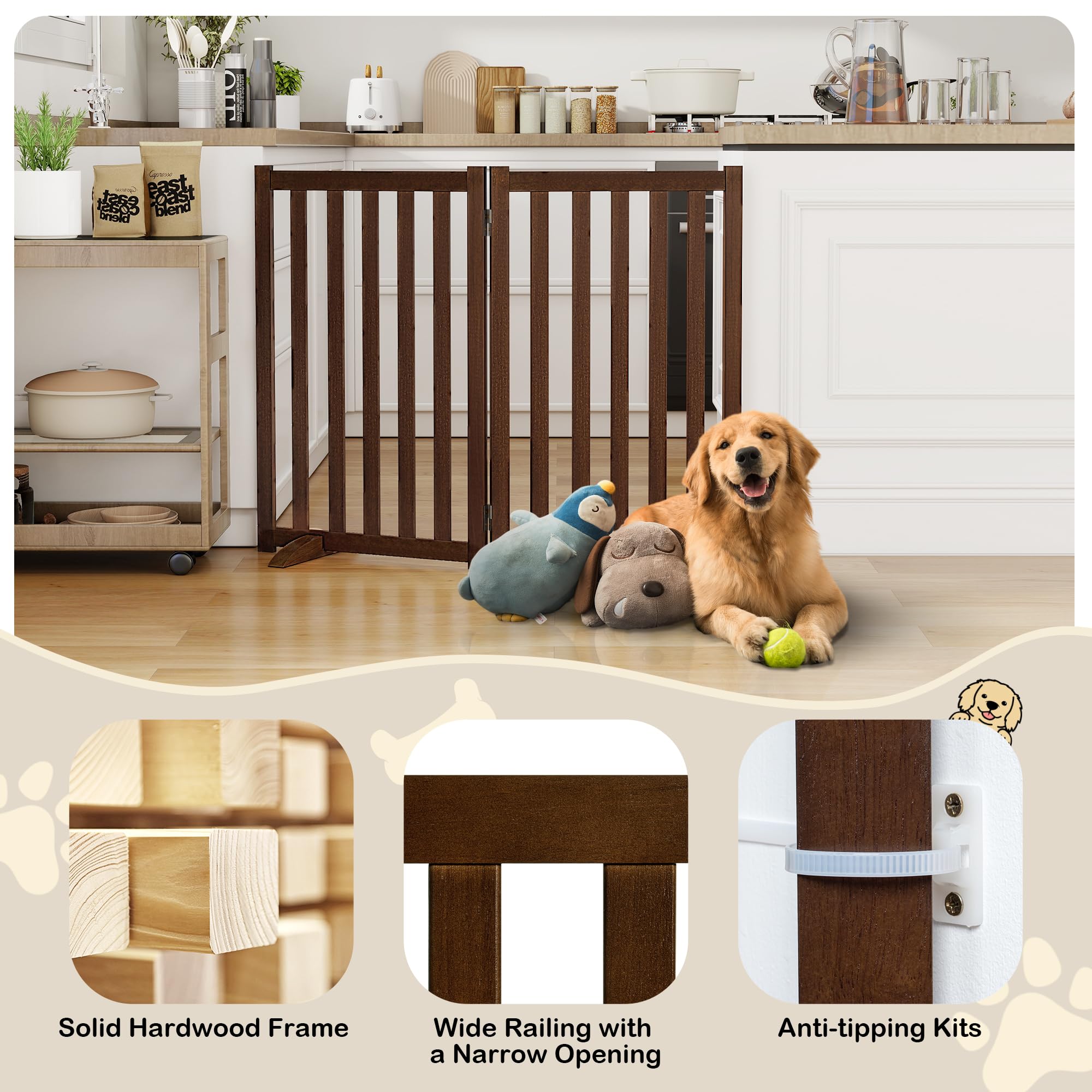 Axeman walnut finish gate featuring 360° hinges for adaptable room layout.