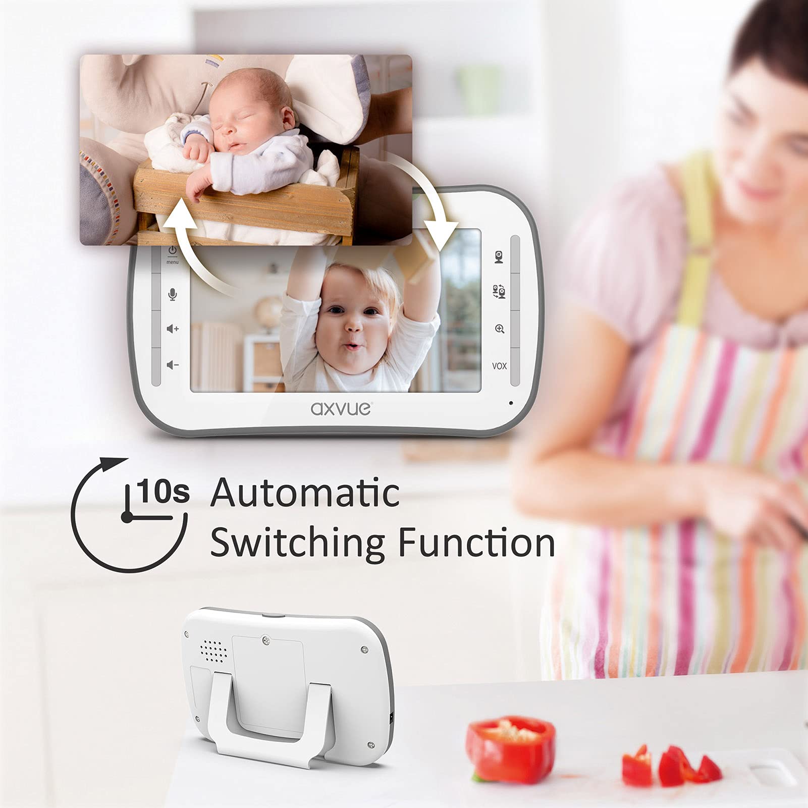 Two-camera Axvue setup lets you monitor two rooms simultaneously.