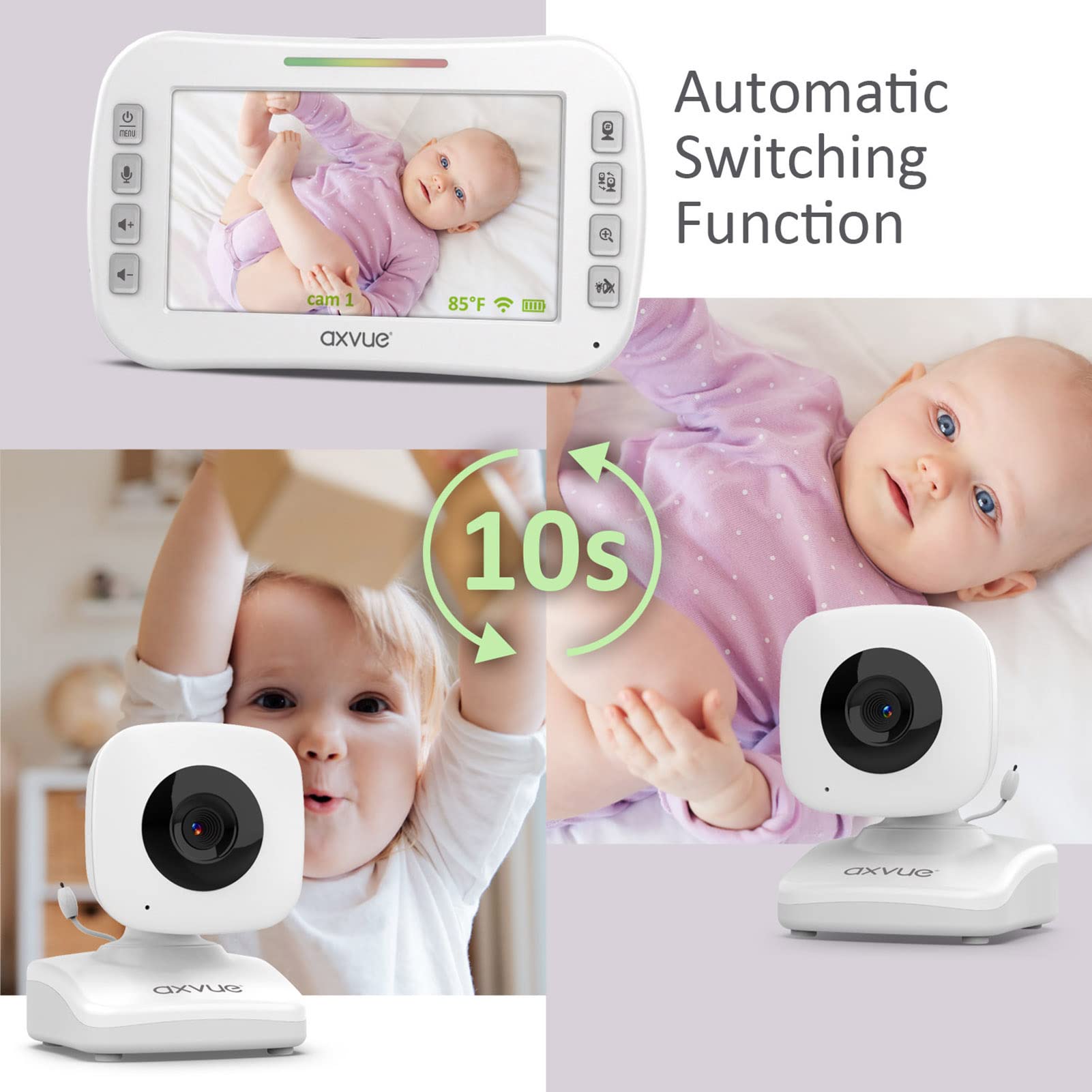Axvue monitor offers up to 1000 ft range for flexible home monitoring.