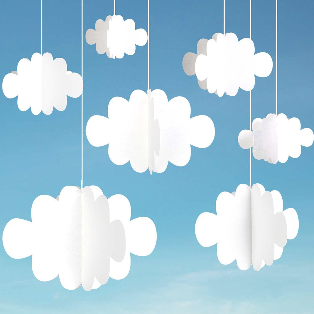 Ayfjovs 3D cloud decorations hanging from ceiling to create a whimsical party backdrop.