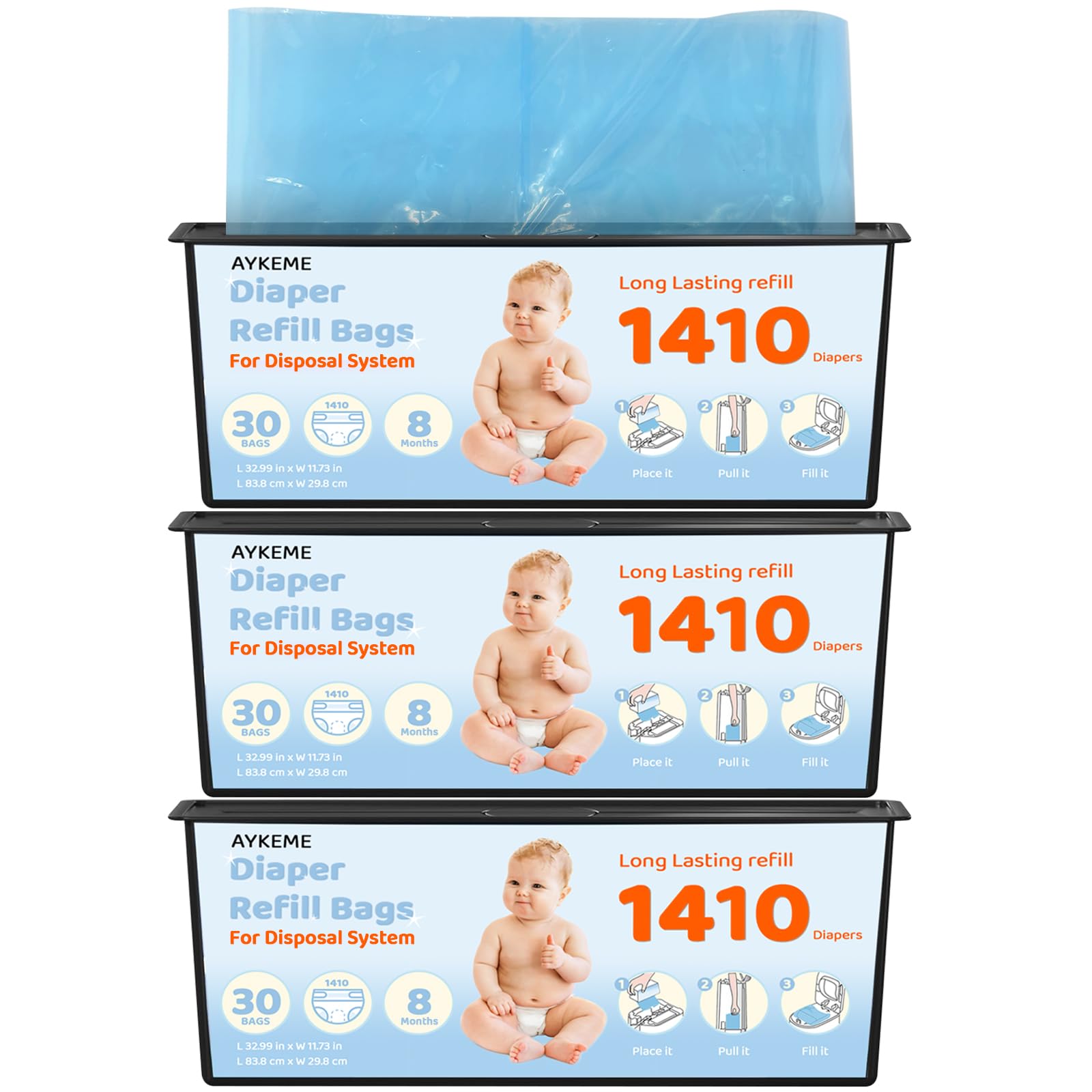 AYKEME Genie Easy Roll refill box front highlights seamless compatibility for effortless diaper disposal.