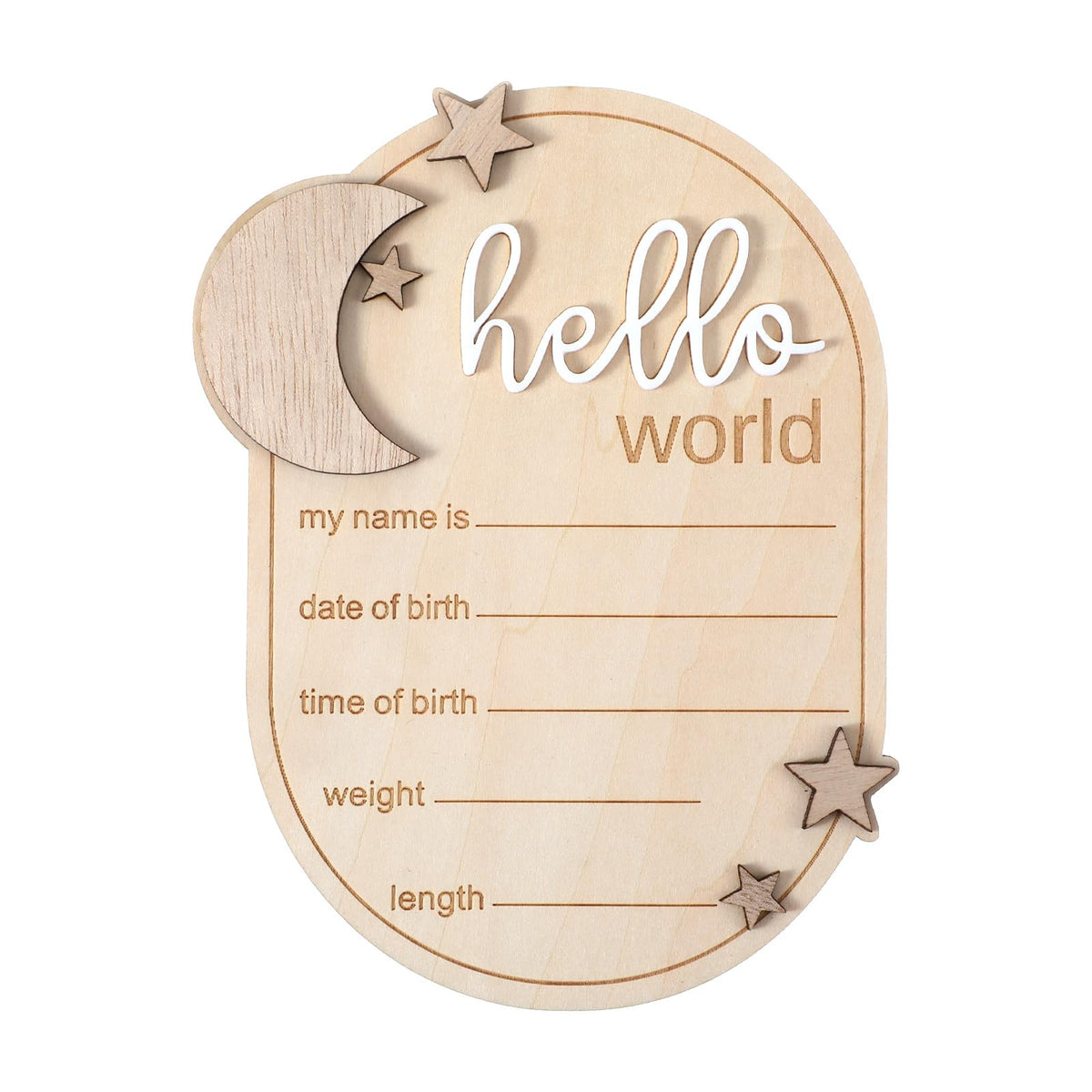Azefnuhk birth announcement sign with hello and moon stars for nursery decor.