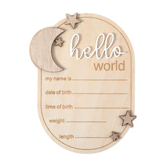 Azefnuhk birth announcement sign with hello and moon stars for nursery decor.