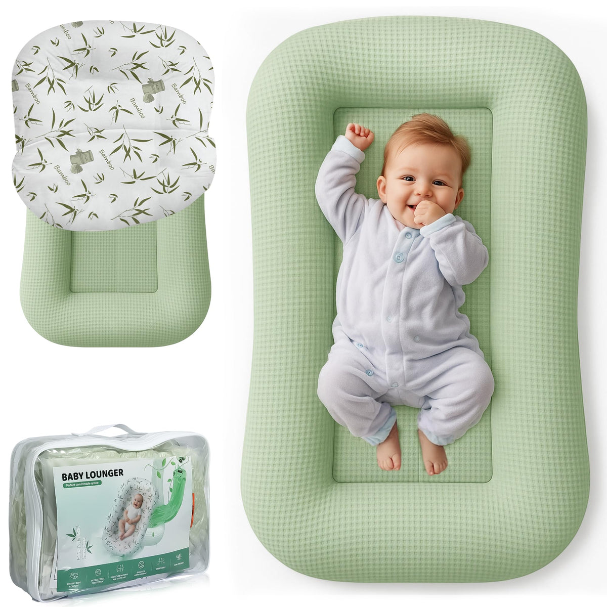 Azopesy baby lounger in green overview showing a calm, safe space for newborns.