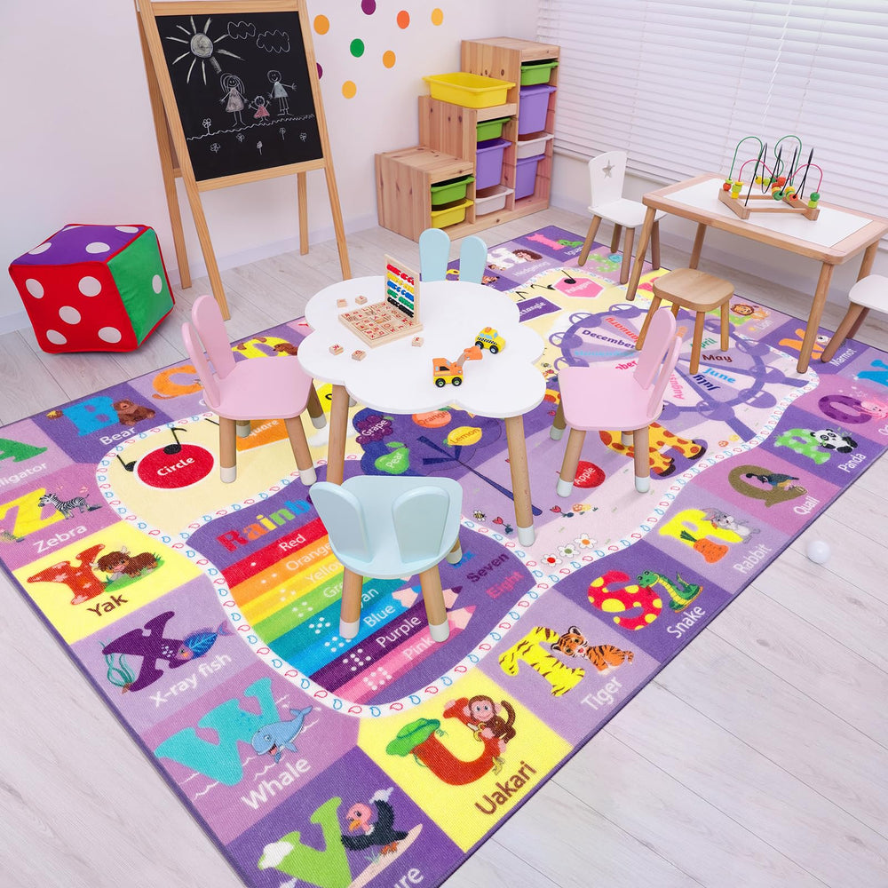 B BENRON colorful educational rug supporting colors, shapes, and months in purple