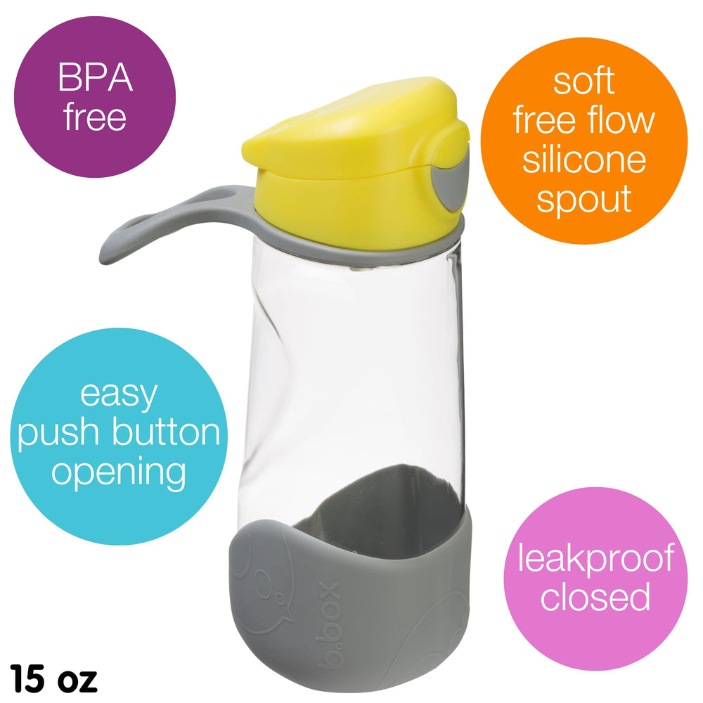 b.box 15 oz Sport Spout open spout demonstrates spill-proof flow for quick drinks.
