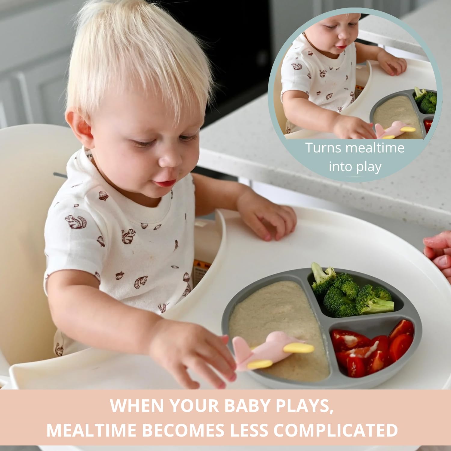 Babakal SkyFeeder divided plate keeps foods separated for first spoon-feeding sessions.