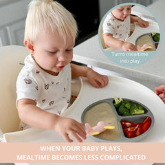Babakal SkyFeeder divided plate keeps foods separated for first spoon-feeding sessions.