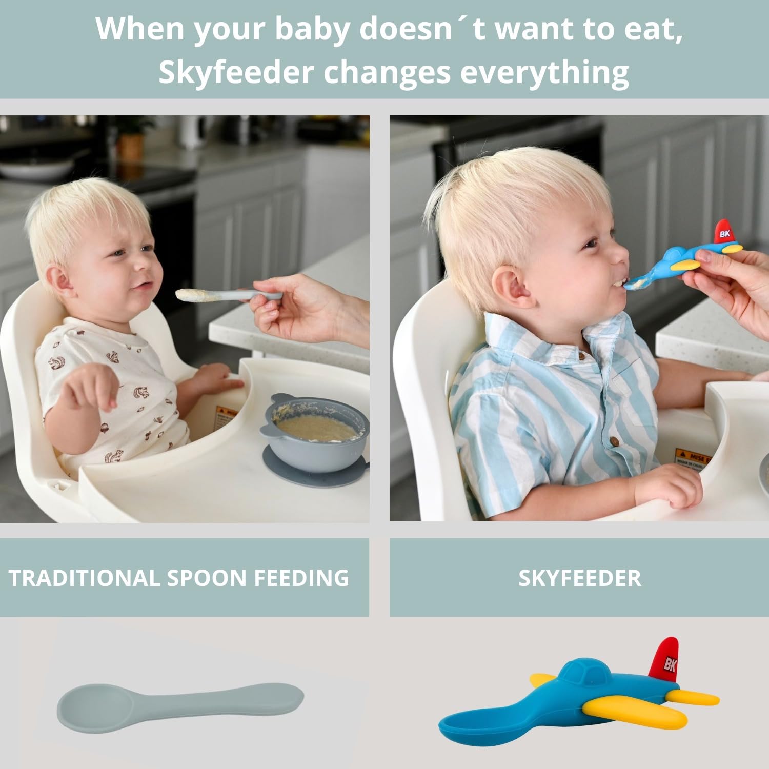 Babakal SkyFeeder ergonomic design fits small hands for caregiver-guided feeding.