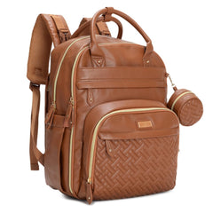 BabbleRoo leather diaper bag backpack front view with organized pockets for quick access