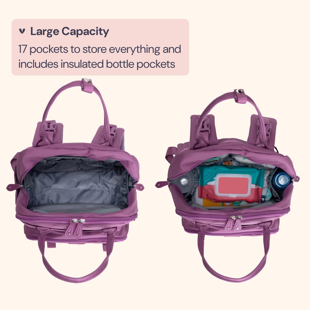 BabbleRoo bag with 19 pockets keeps bottles, wipes, and items neatly arranged.