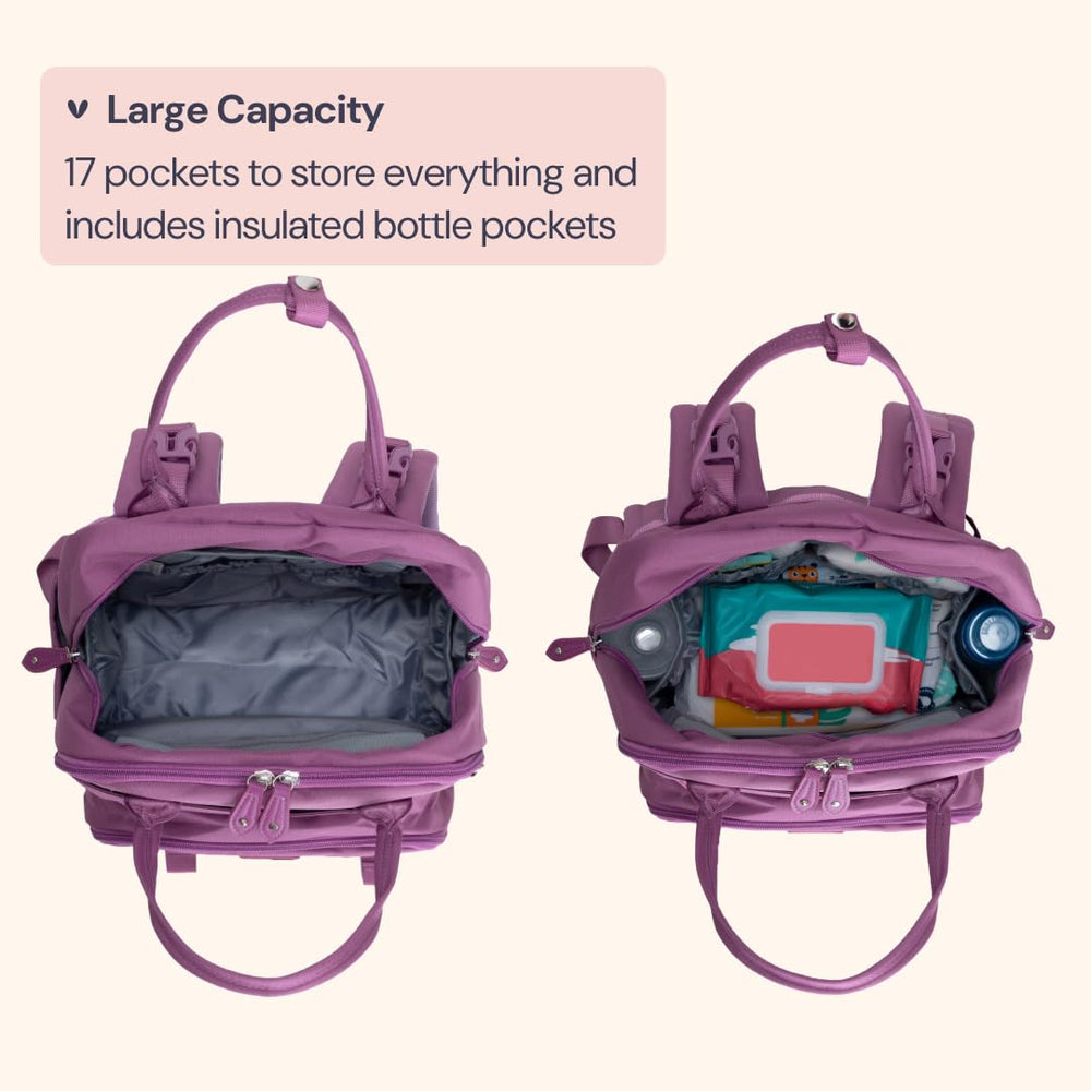 BabbleRoo bag with 19 pockets keeps bottles, wipes, and items neatly arranged.