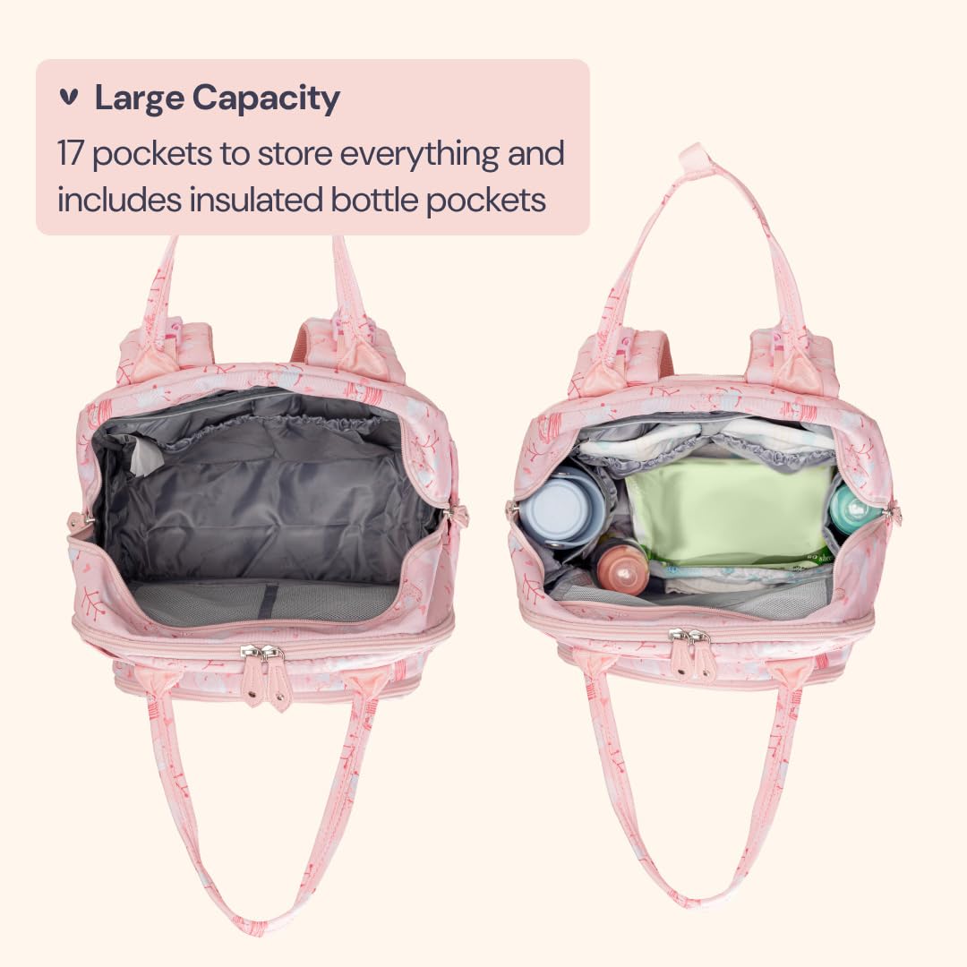 BabbleRoo changing mat inside pink birdy diaper bag for quick changes