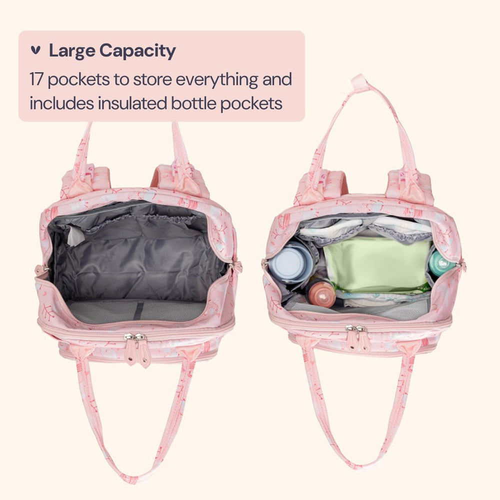 BabbleRoo changing mat inside pink birdy diaper bag for quick changes