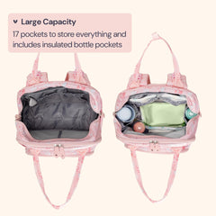 BabbleRoo changing mat inside pink birdy diaper bag for quick changes