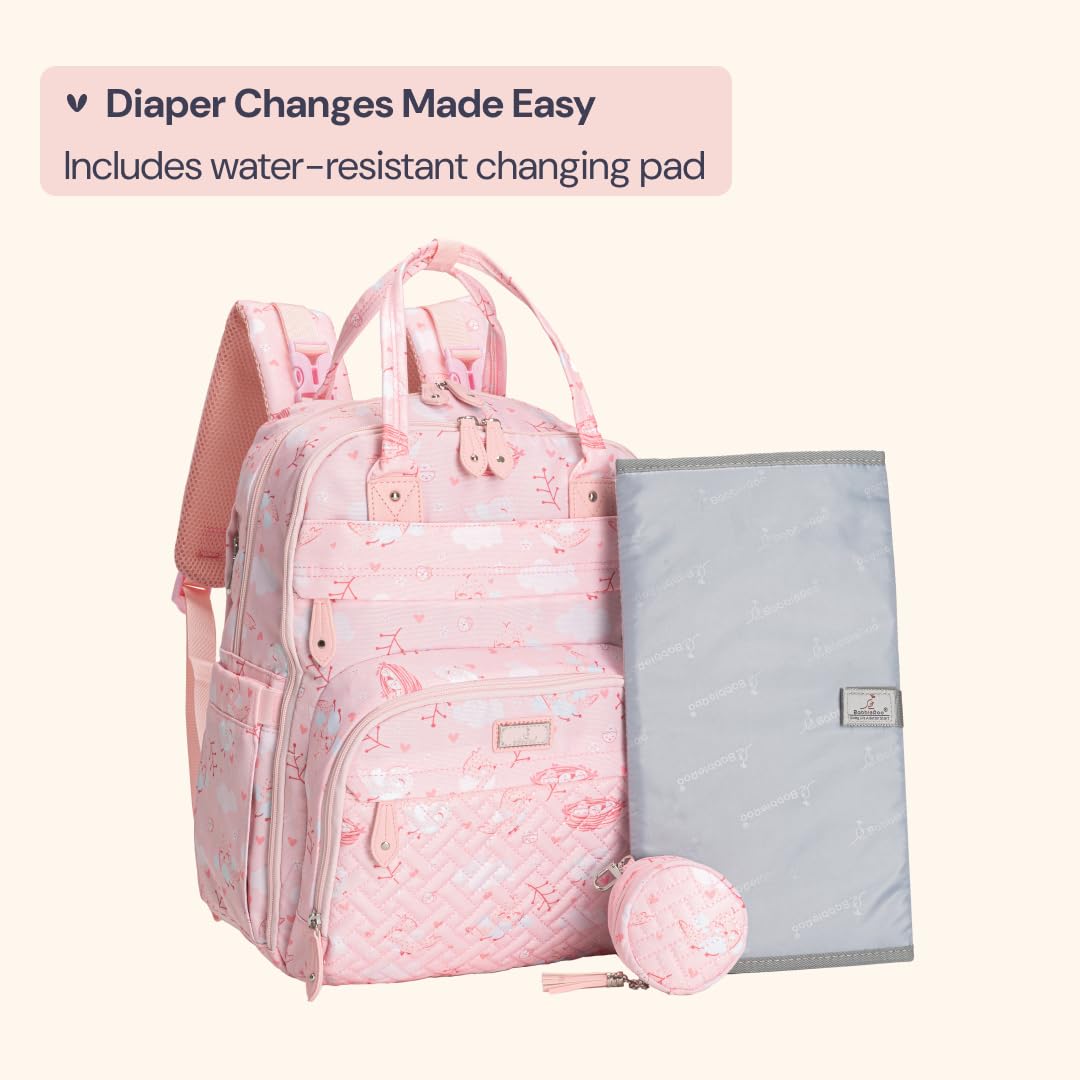 Durable fabric and zippers of BabbleRoo pink birdy diaper bag