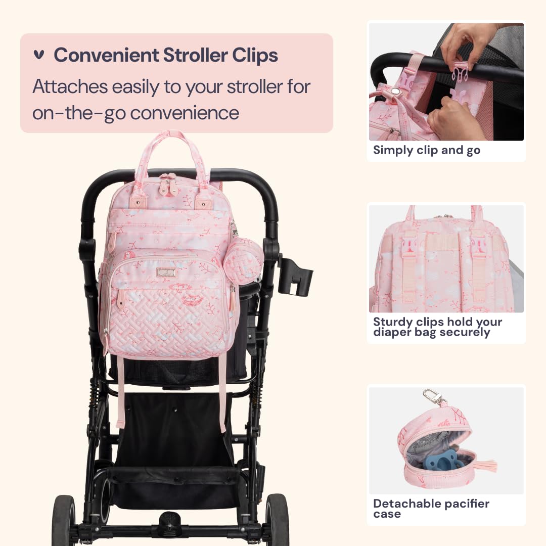 Insulated bottle pockets on BabbleRoo diaper backpack pink birdy