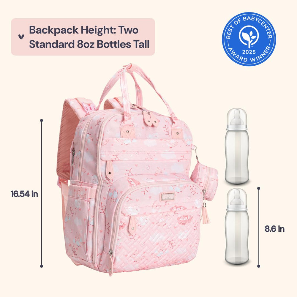 BabbleRoo pink birdy backpack with open compartments for easy access