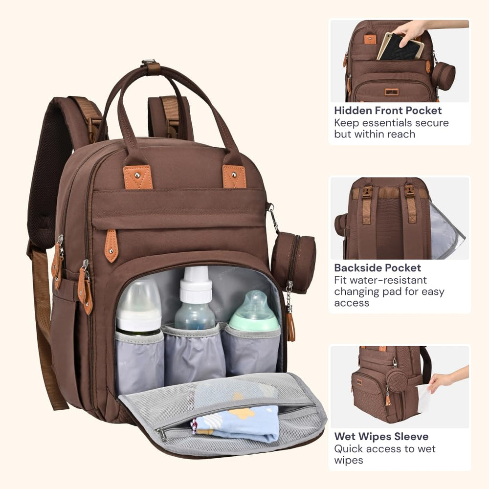 BabbleRoo diaper bag backpack showing 19 pockets for organized storage