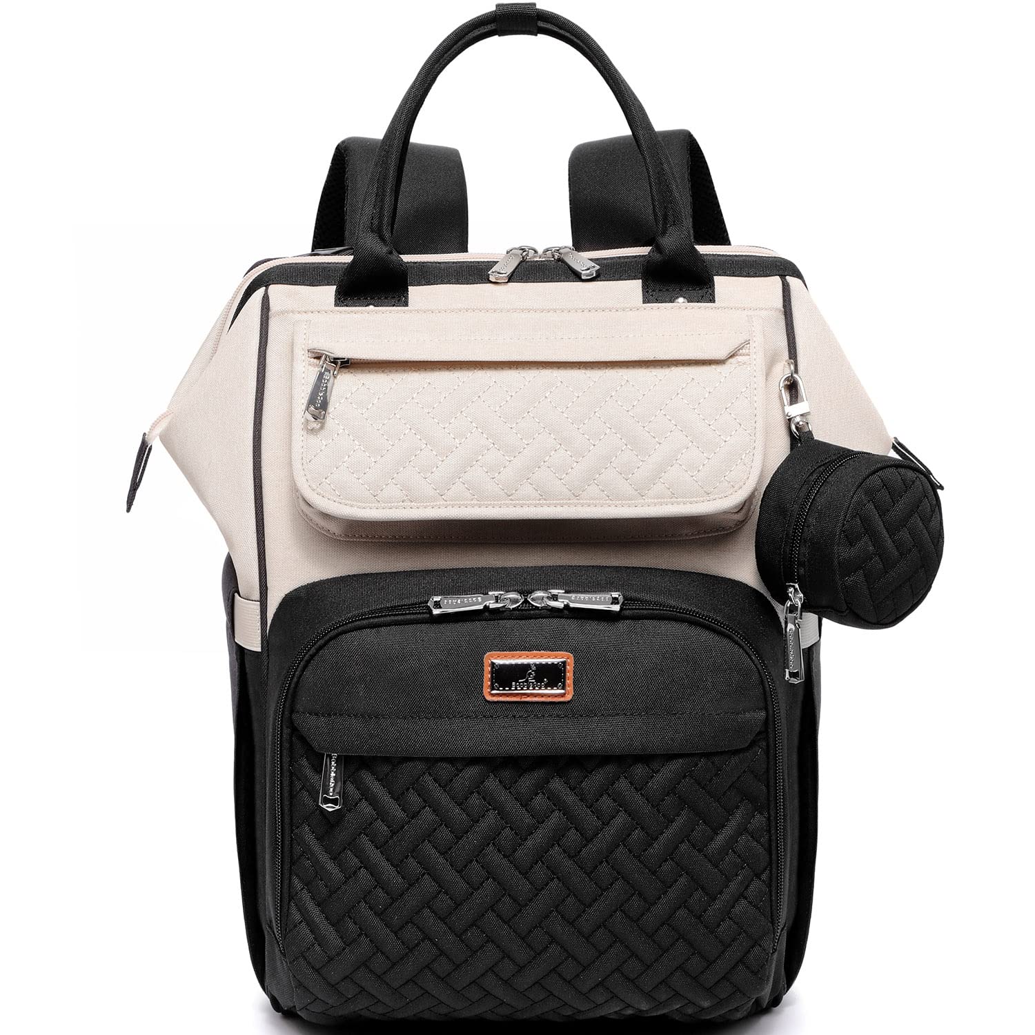 BabbleRoo diaper bag backpack in apricot and black with spacious main compartments.