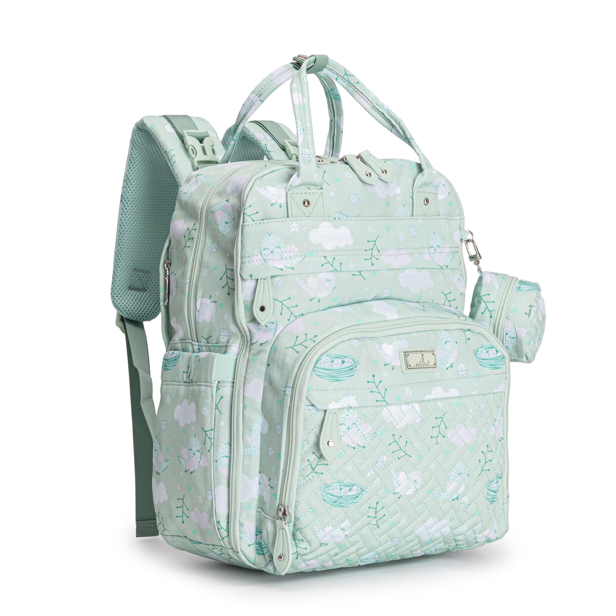 BabbleRoo diaper bag backpack front view shows easy-access design for on-the-go families.