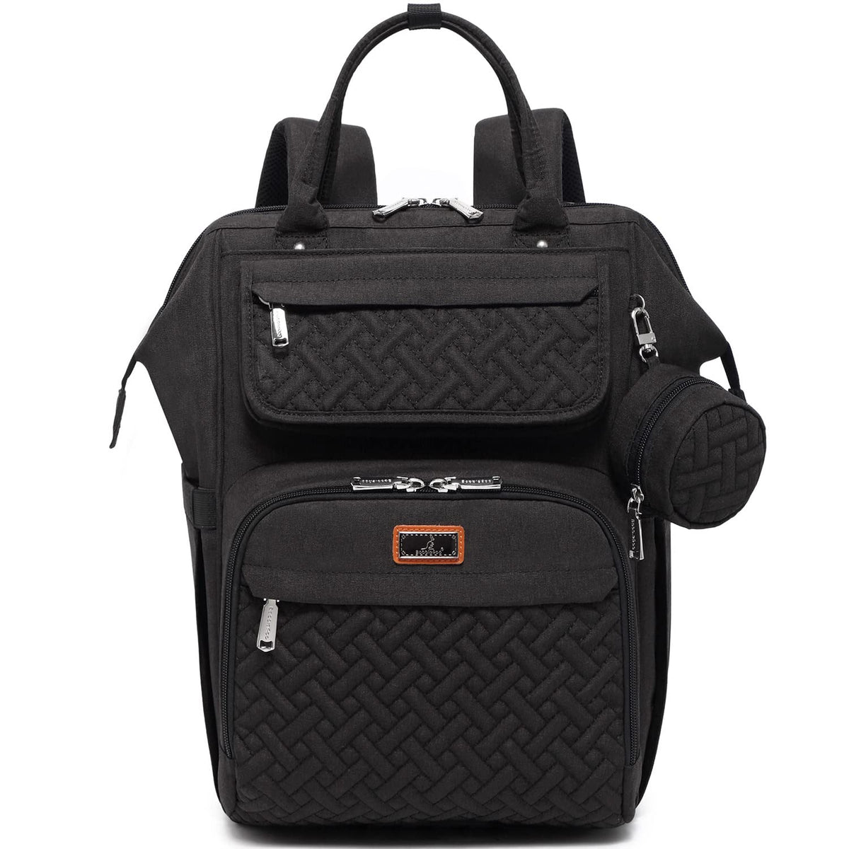 BabbleRoo diaper bag backpack front view with spacious pockets for organized outings.
