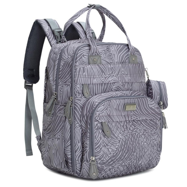 BabbleRoo diaper bag backpack in grey swirls, front view for hands-free use