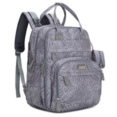 BabbleRoo diaper bag backpack in grey swirls, front view for hands-free use