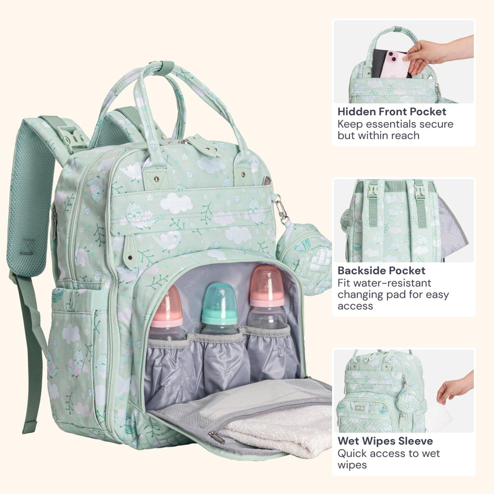 BabbleRoo diaper bag backpack insulated bottle pockets keep feeds at the right temperature.