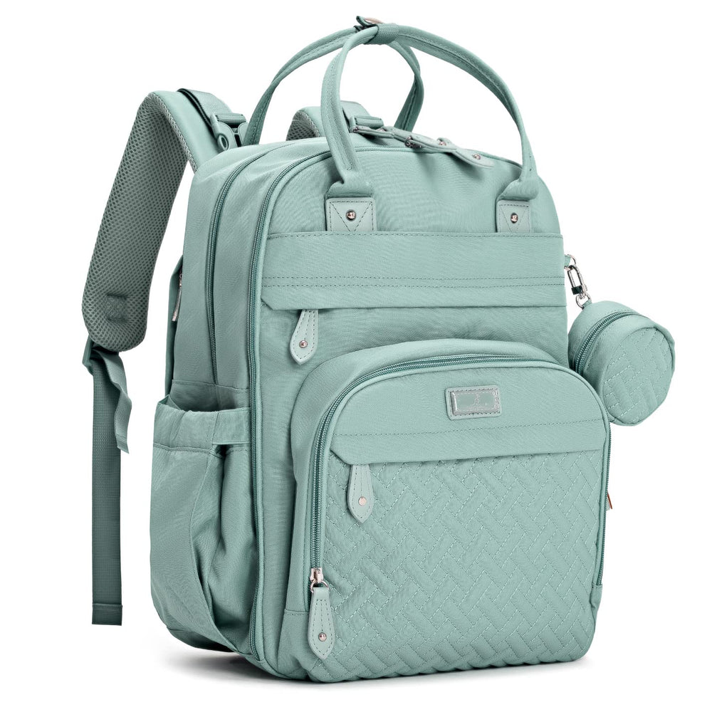 BabbleRoo diaper bag backpack in Sage Green front view, hands-free travel ready