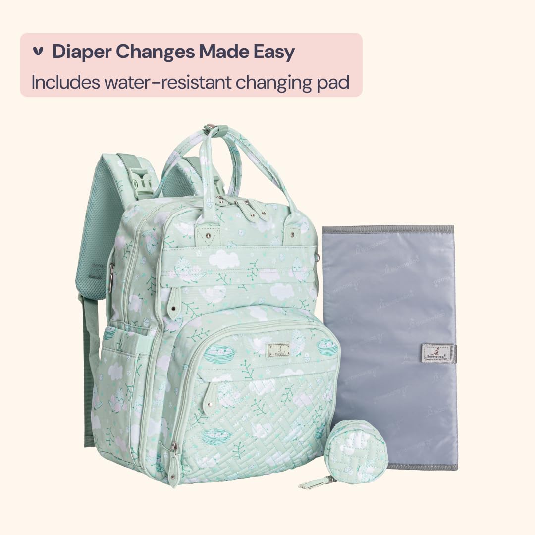 BabbleRoo diaper bag backpack water-resistant fabric protects contents in any weather.