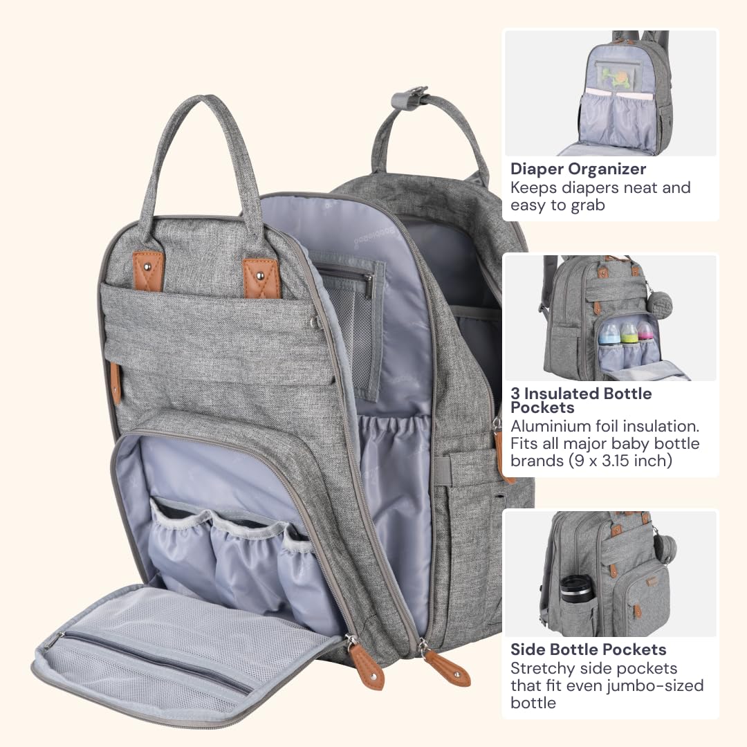 Stroller clips on BabbleRoo bag enable hands-free travel.