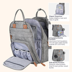 Stroller clips on BabbleRoo bag enable hands-free travel.