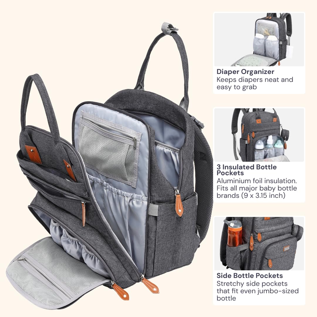 Stroller clips on the BabbleRoo bag attach securely to a stroller for hands-free mobility.