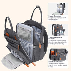 Stroller clips on the BabbleRoo bag attach securely to a stroller for hands-free mobility.