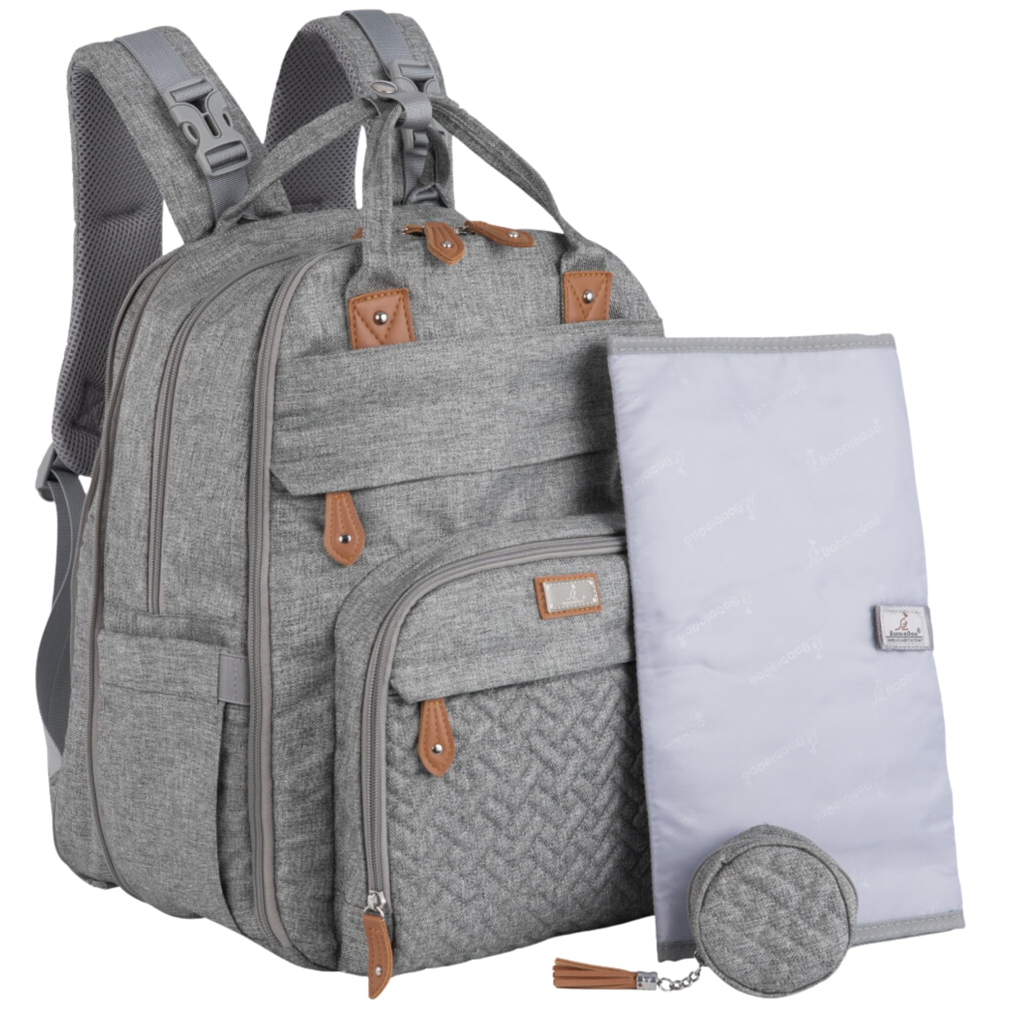 BabbleRoo extra large diaper bag backpack with open main compartments for quick access on the go.