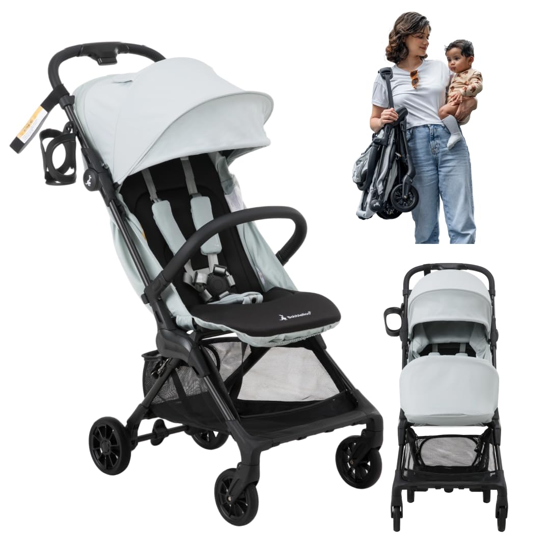 BabbleRoo Hoplite compact stroller beside suitcase, ideal for overhead-bin travel.