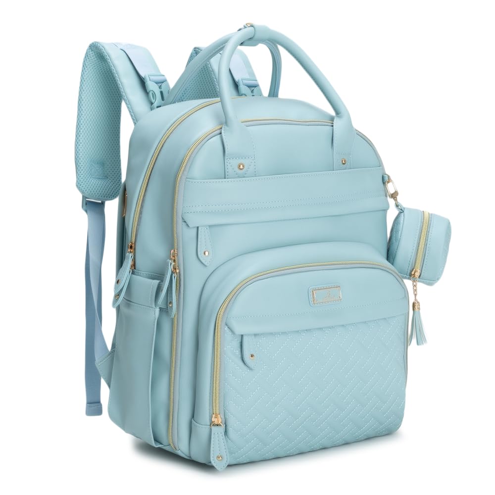 BabbleRoo leather diaper backpack front view showing organized exterior design for quick access