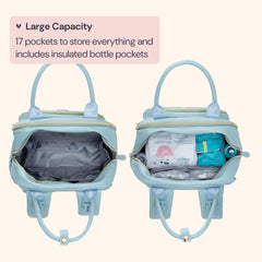 BabbleRoo leather diaper backpack insulated bottle pockets for temperature-sensitive feeds